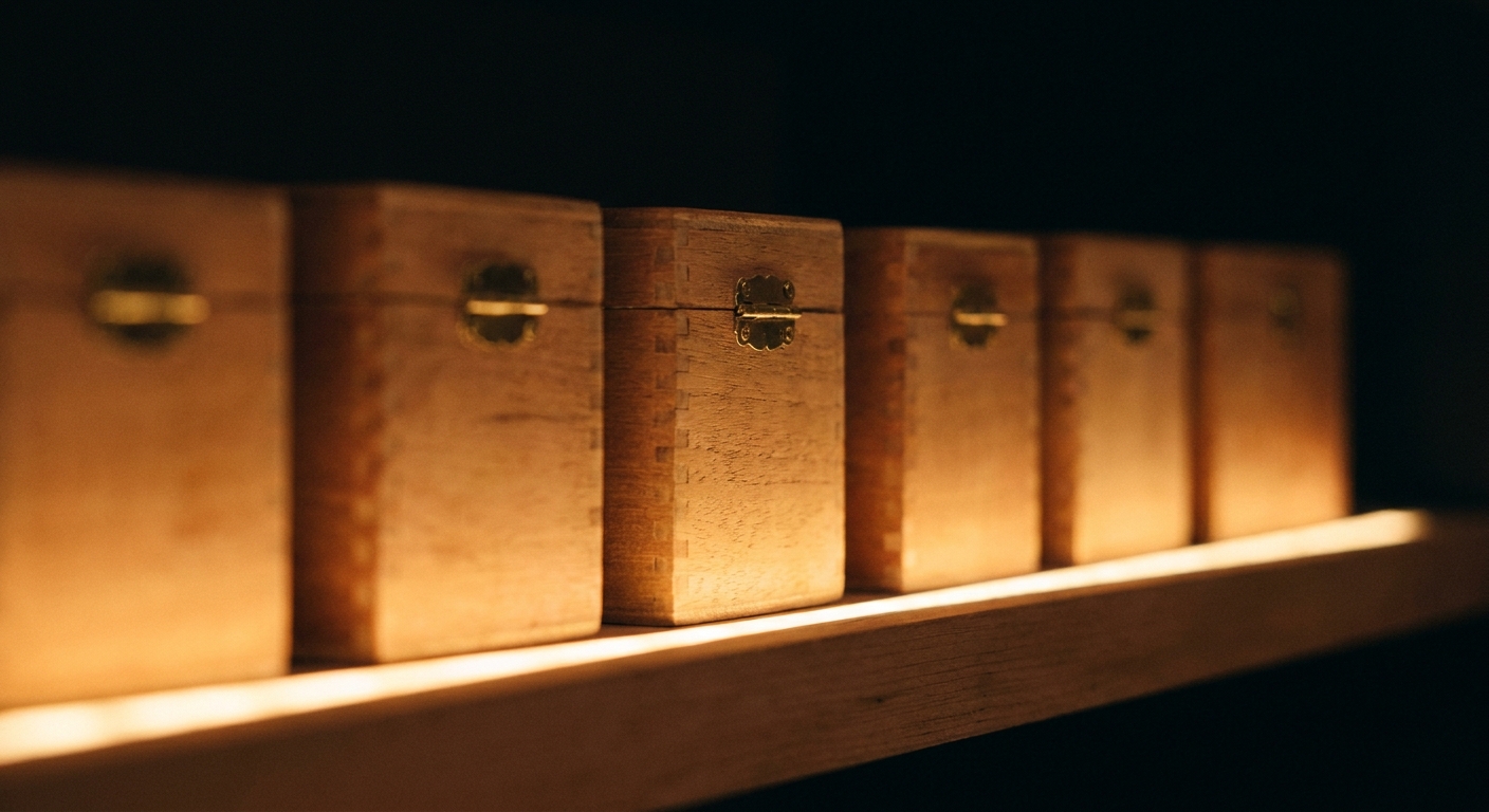 Close detail of cigar boxes resting on a Spanish cedar humidor shelf