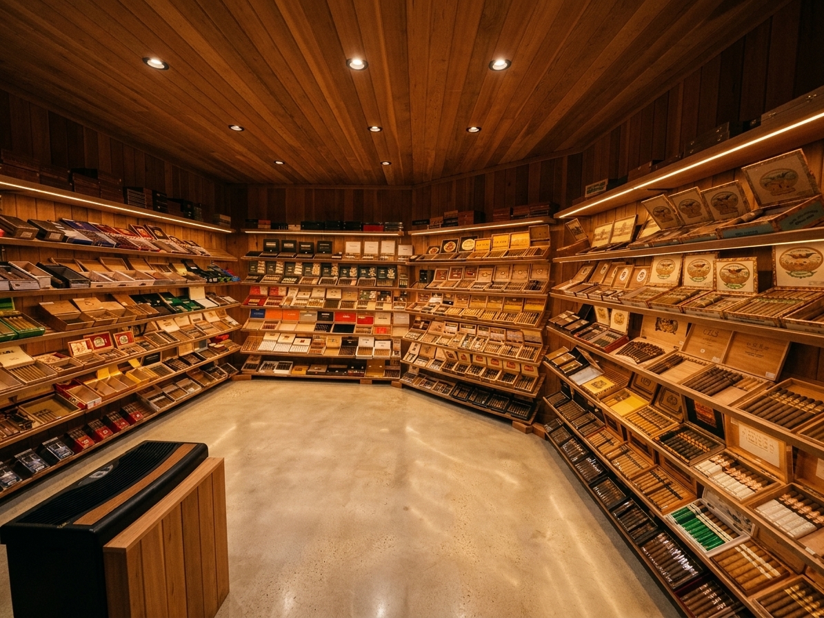 Wide view of the Tobacco Shack walk-in humidor, cedar shelves lit by warm amber bulbs