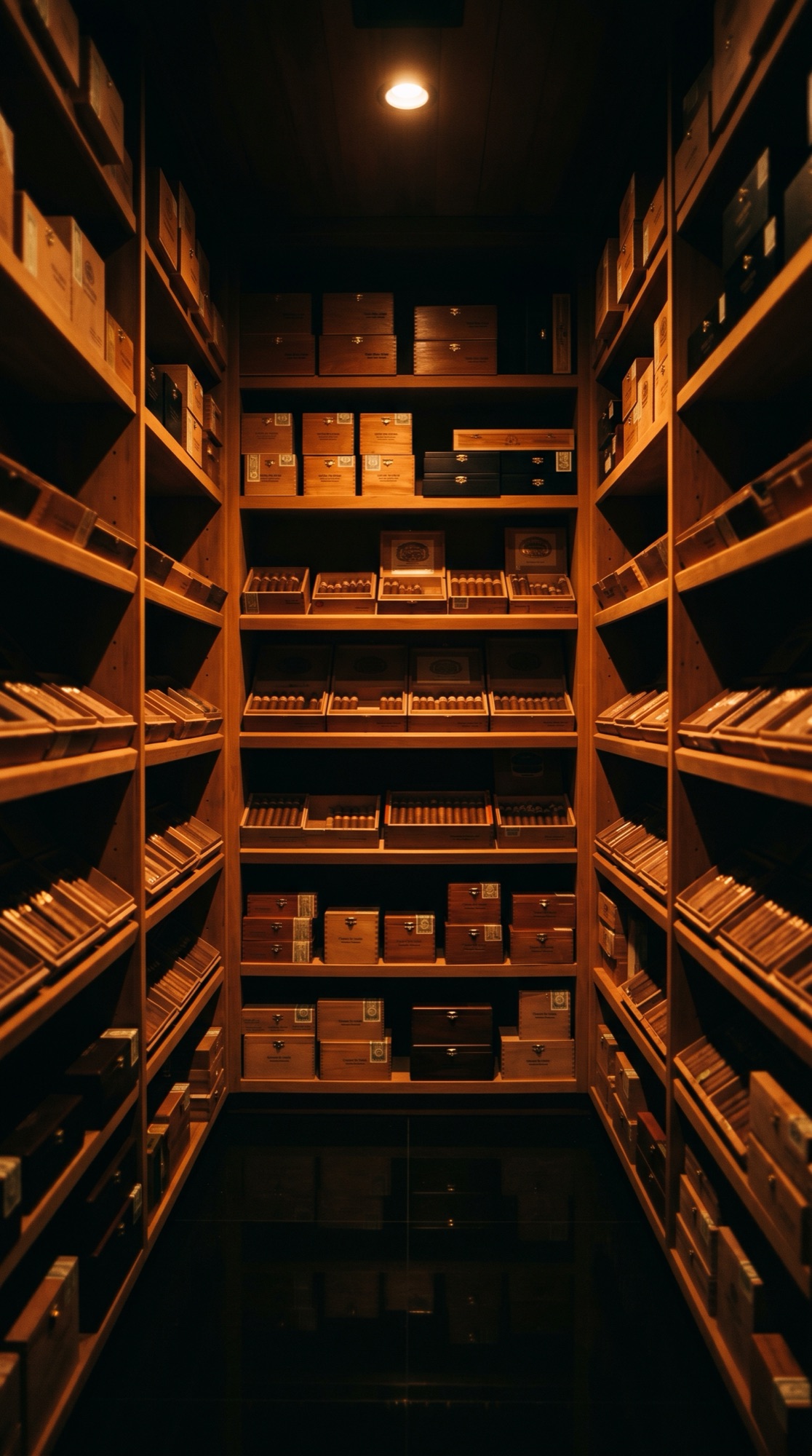Walk-in humidor interior with cedar shelves and warm light