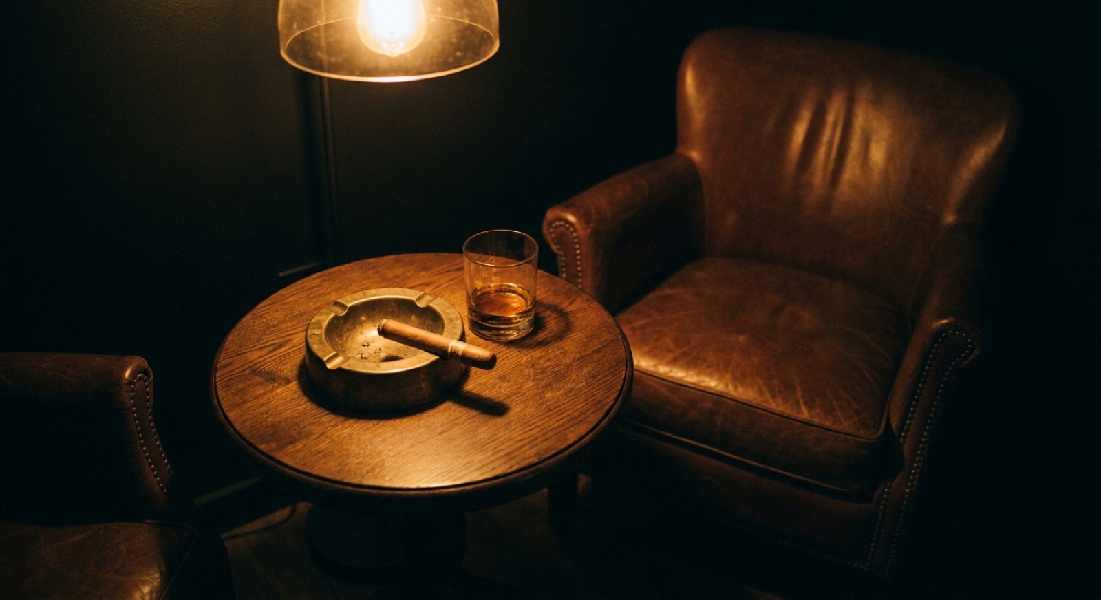 A premium cigar resting in an ashtray beside a glass of whiskey